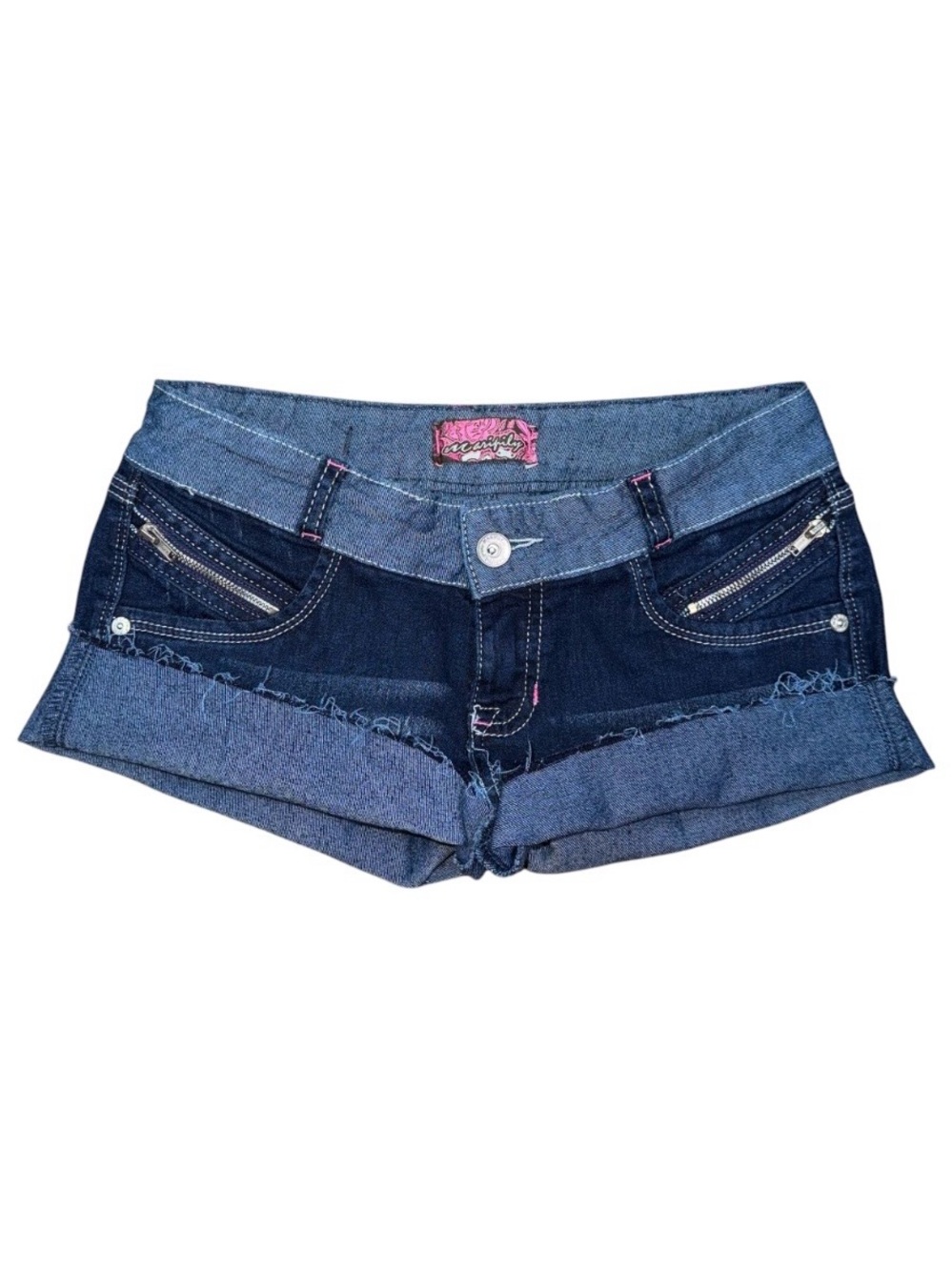 Vintage Y2K Low Rise Micro Mini Jean Shorts Sz 1 / 26 Zip Pocket Bareback Preppy